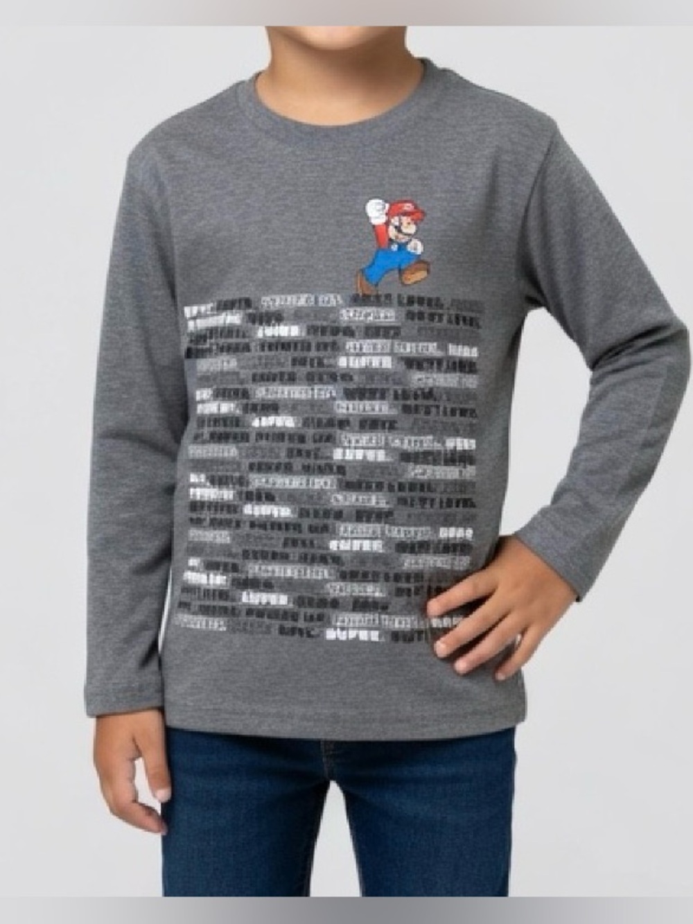 🎮 Mario Word Stack Long Sleeve Tee – Boys’ Size Small – Nintendo Fun! 🍄